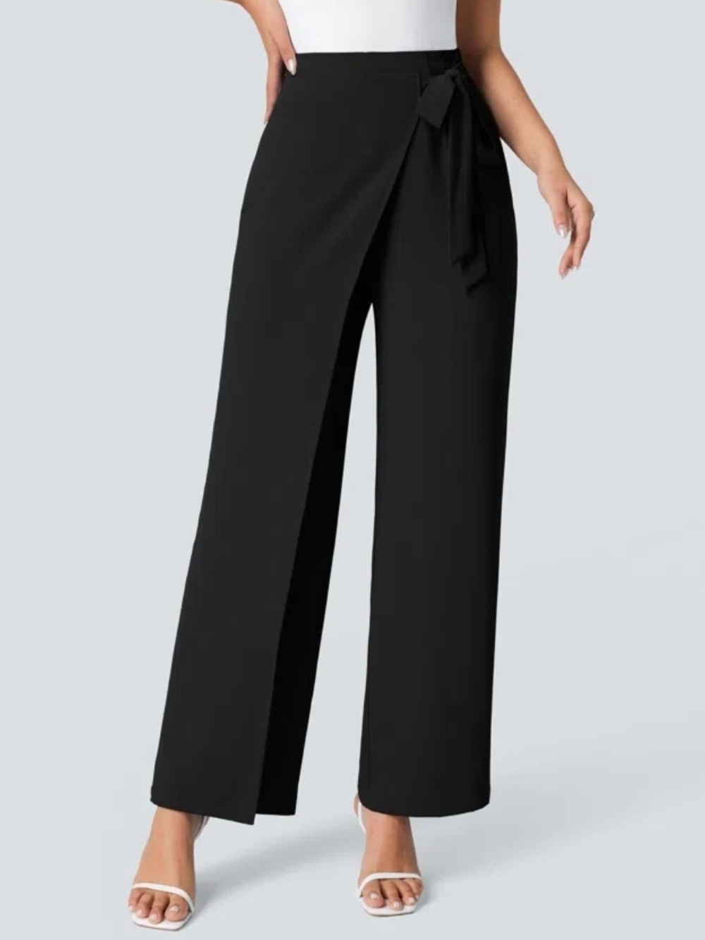 High Waisted Tie Side Wide Leg Work Pants